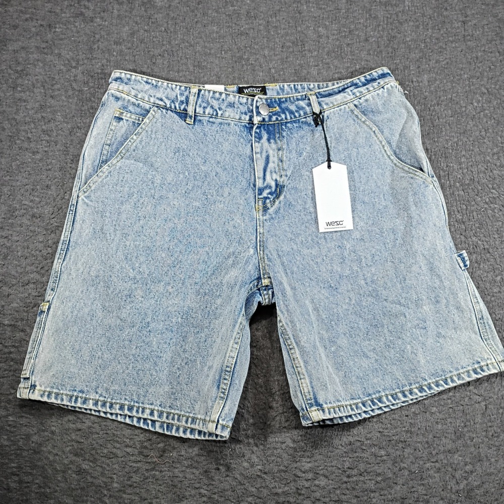 New WeSC Jean Denim Carpenter Shorts Mens 36 Blue Light Wash Acid Retro